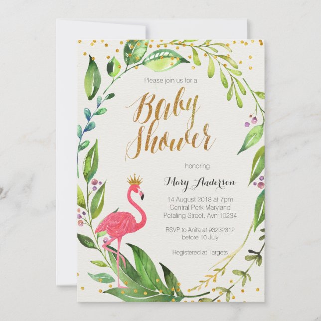 Invitación Baby Shower Gold Flamingo (Anverso)