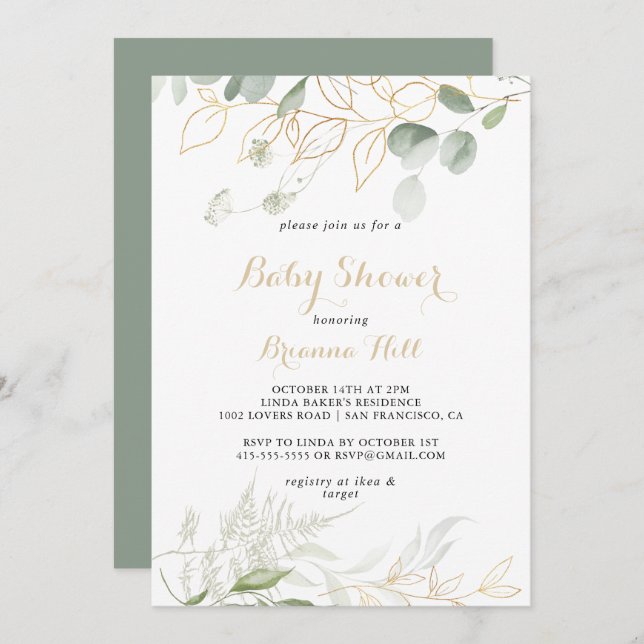 Invitación Baby Shower Gold Green Foliage (Anverso / Reverso)