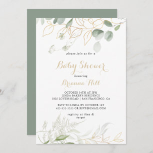 Invitación Baby Shower Gold Green Foliage