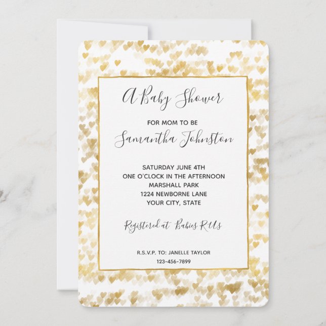 Invitación Baby Shower Gold Hearts (Reverso)