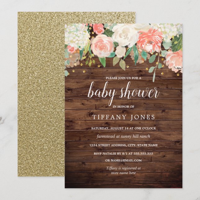 Invitación Baby Shower Gold Peach Floral Watercolor Wood (Anverso / Reverso)