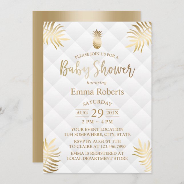 Invitación Baby Shower Gold Pineapple Elegante Tropical (Anverso / Reverso)