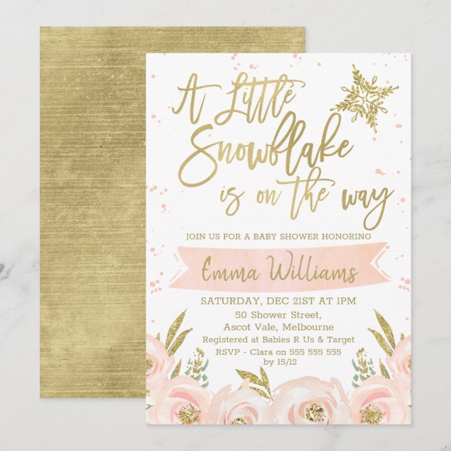 Invitación Baby Shower Gold Pink Winowflake (Anverso / Reverso)