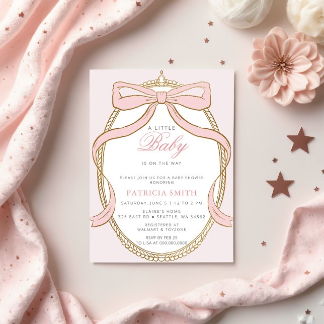 Invitación Baby Shower Gold Princess Coquette Pink Bow (Gold Princess Coquette Pink Bow Baby Shower Invitation)