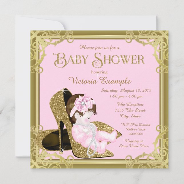 Invitación Baby Shower Gold Purpurina Shoes rosa y dorado (Anverso)