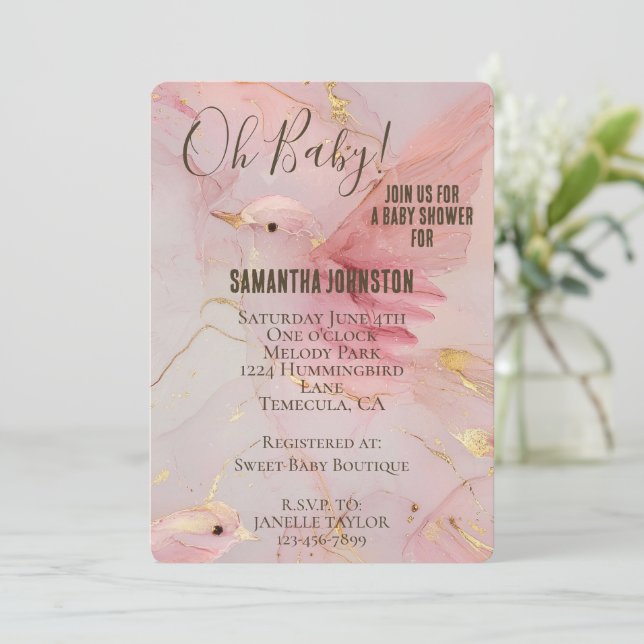 Invitación Baby Shower Gold Rubor Pink Birds (Anverso de pie)