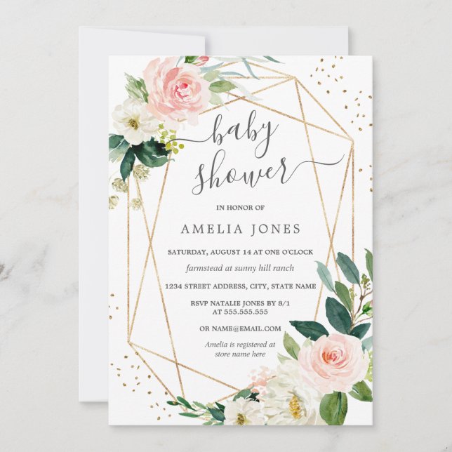 Invitación Baby Shower Gold Rubor Pink Floral (Anverso)