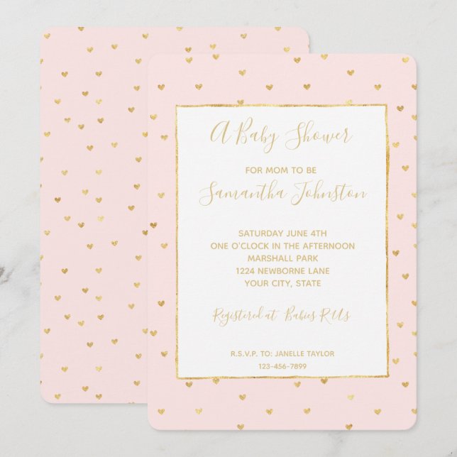 Invitación Baby Shower Gold Rubor Pink Little Hearts (Anverso / Reverso)