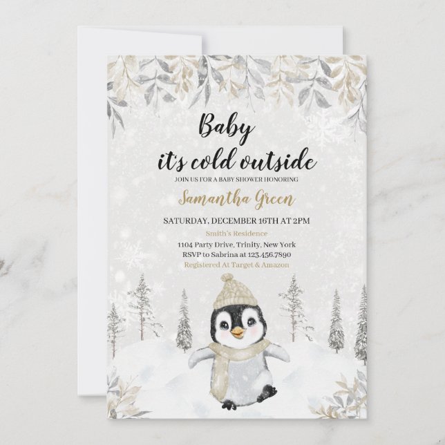 Invitación Baby Shower Gold Silver Pingüino (Anverso)