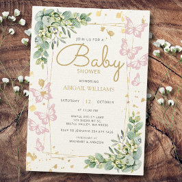 Invitación Baby Shower Gold Sprinkle Pink Butterfly Greenerat
