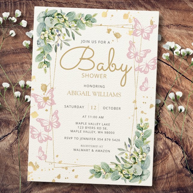 Invitación Baby Shower Gold Sprinkle Pink Butterfly Greenerat (Subido por el creador)
