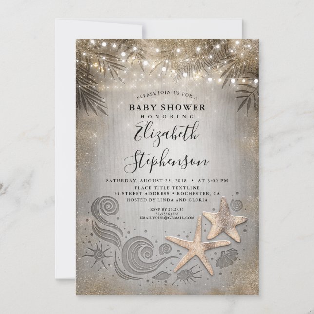 Invitación Baby Shower Gold Starfish Tropical Beach Lights (Anverso)
