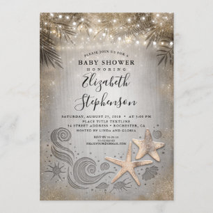 Invitación Baby Shower Gold Starfish Tropical Beach Lights