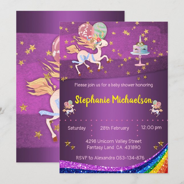 Invitación Baby Shower Gold Stars y Purple Unicorn (Anverso / Reverso)