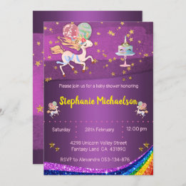 Invitación Baby Shower Gold Stars y Purple Unicorn