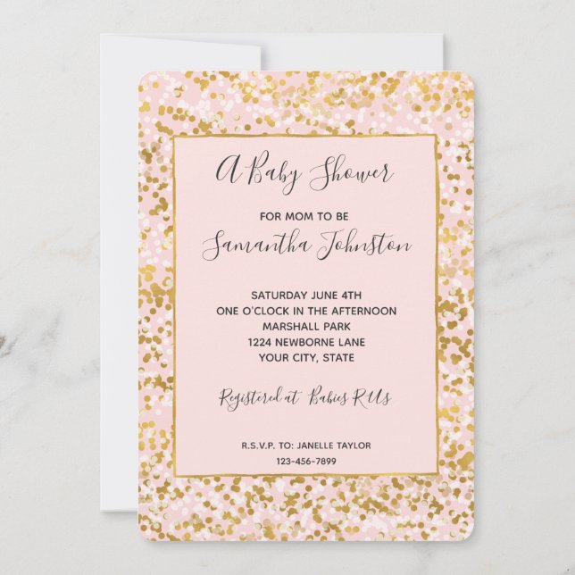 Invitación Baby Shower Gold White Pink Confetti (Reverso)