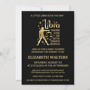 Invitación Baby Shower Gold y Black Libra Zodiac