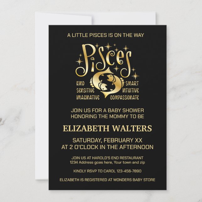 Invitación Baby Shower Gold y Black Pisces Zodiac (Anverso)
