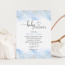Invitación Baby Shower Gold y Blue Watercolor