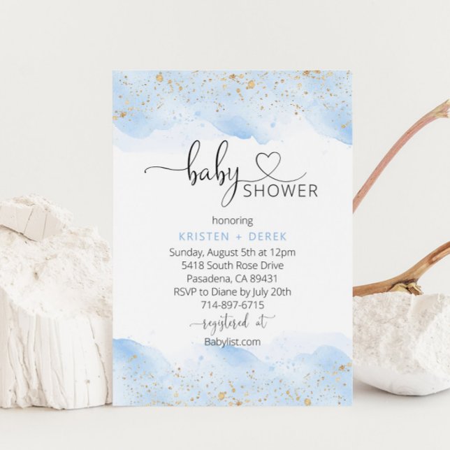 Invitación Baby Shower Gold y Blue Watercolor (Subido por el creador)