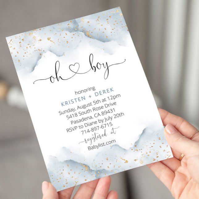 Invitación Baby Shower Gold y Dusty Blue Watercolor (Subido por el creador)