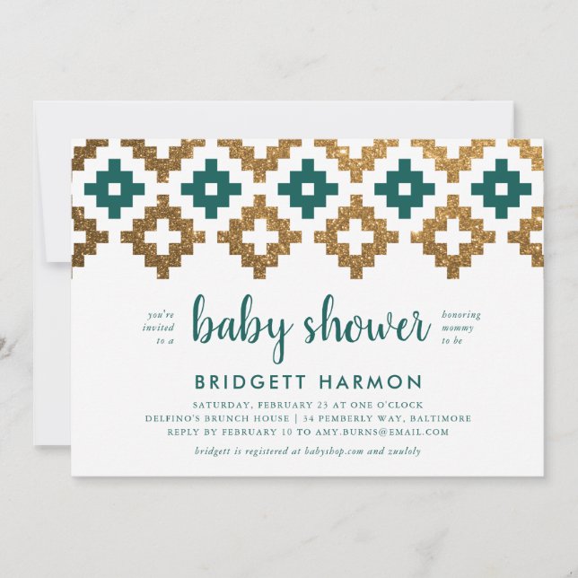 Invitación Baby Shower Gold y Emerald Boho Aztec (Anverso)