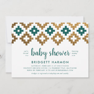 Invitación Baby Shower Gold y Emerald Boho Aztec