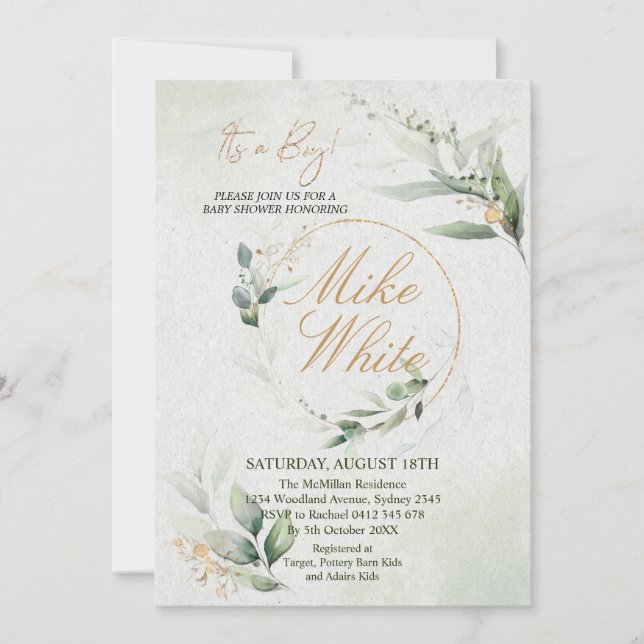 Invitación Baby Shower Gold y Green Design - It's a Boy Inv (Anverso)