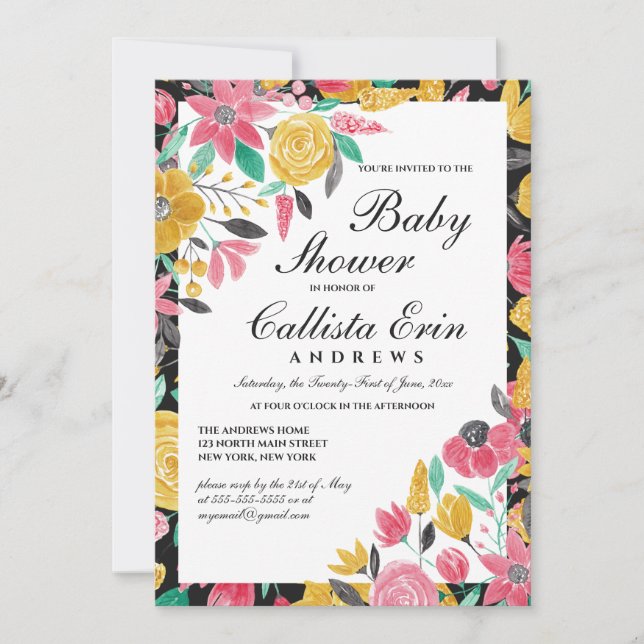 Invitación Baby Shower Golden Pink Flour Watercolor (Anverso)