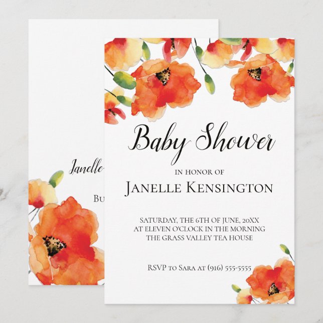 Invitación Baby Shower Golden Poppy (Anverso / Reverso)