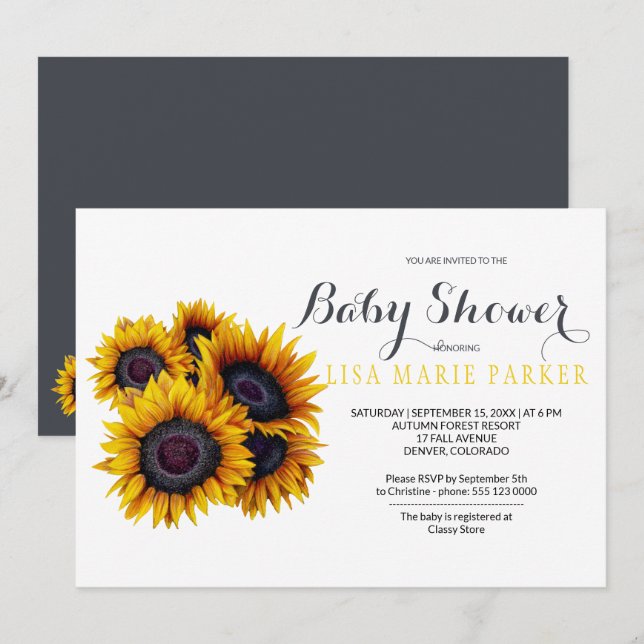 Invitación Baby Shower Golden Sunflower (Anverso / Reverso)