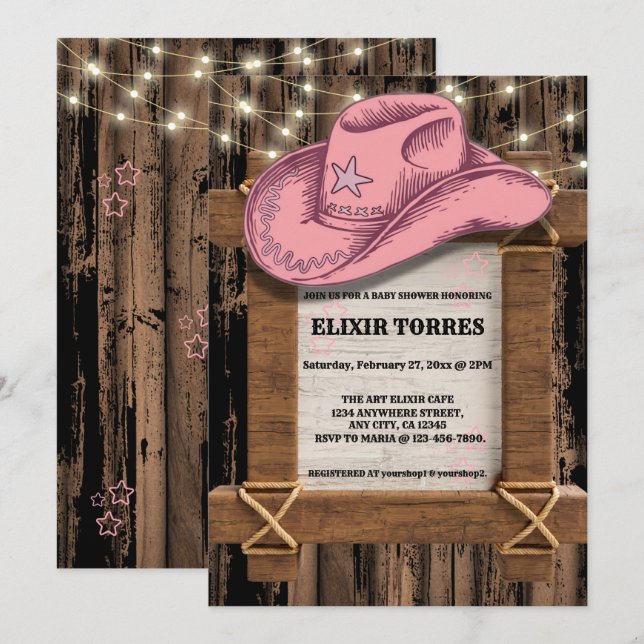 Invitación Baby Shower, Gorra de Cowgirl rustica (Anverso / Reverso)
