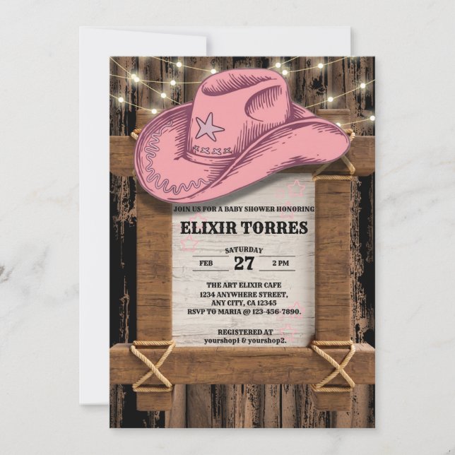 Invitación Baby Shower, Gorra de Cowgirl rustica (Anverso)