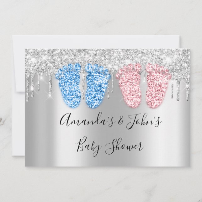 Invitación Baby Shower gotea pies plateadosTwins Chica azul (Reverso)