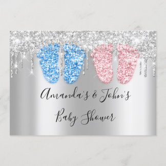 Invitación Baby Shower gotea pies plateadosTwins Chica azul