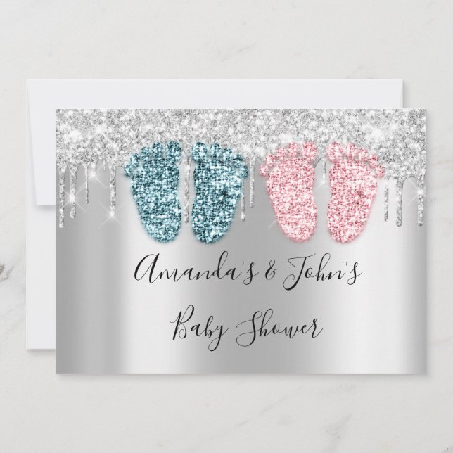 Invitación Baby Shower gotea pies plateadosTwins niño Chica r (Reverso)