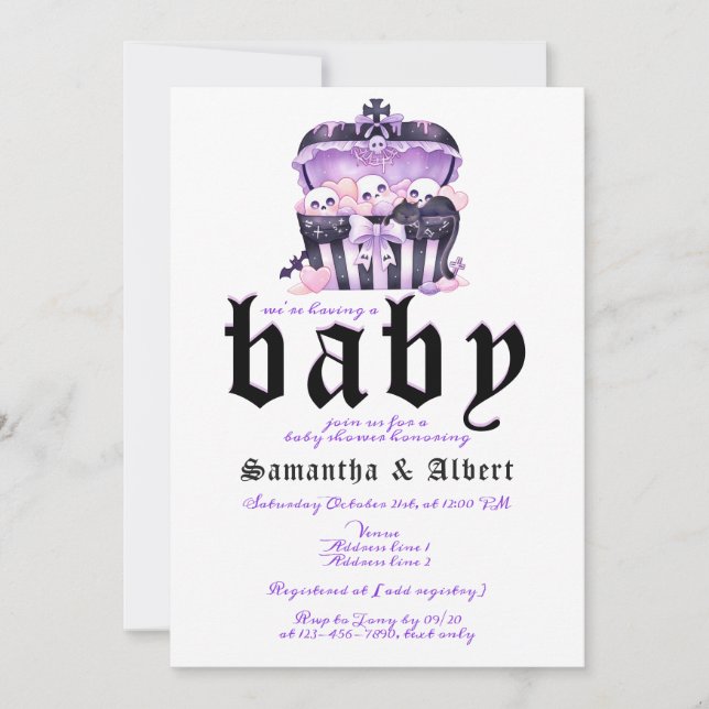 Invitación Baby Shower Gótico de Halloween con cráneo gótico (Anverso)