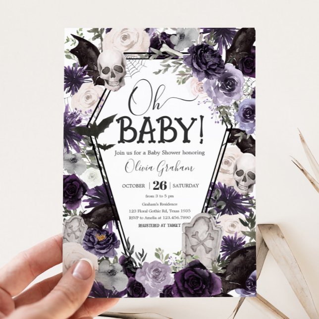 Invitación Baby Shower gótico Purple Floral (Floral Gothic Coffin Baby Shower Invitation)
