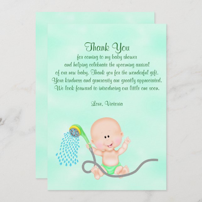 Invitación Baby Shower Gracias a Género Verde Neutral (Anverso / Reverso)