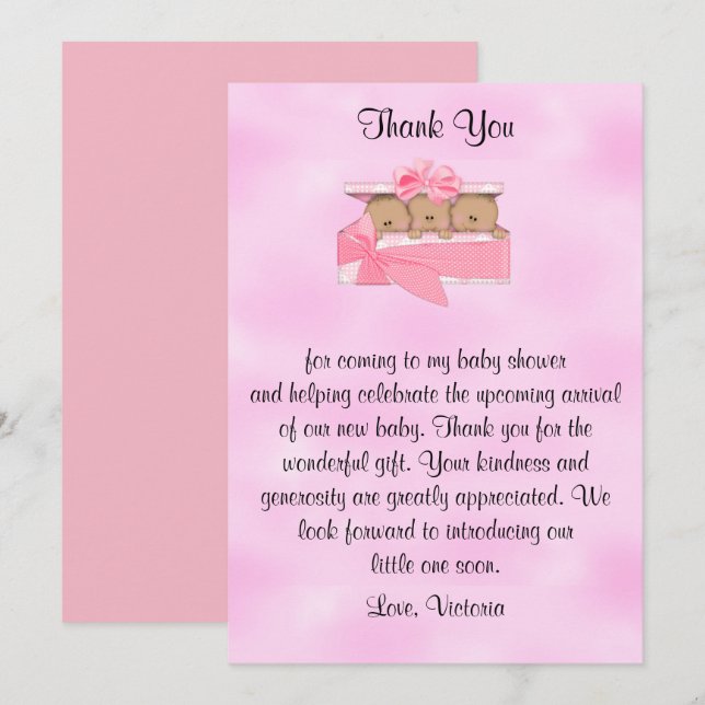 Invitación Baby Shower Gracias, Chica de los trillizos (Anverso / Reverso)