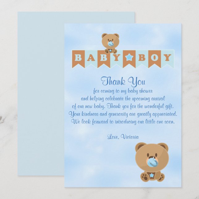 Invitación Baby Shower Gracias es un niño bebé Teddy Be (Anverso / Reverso)