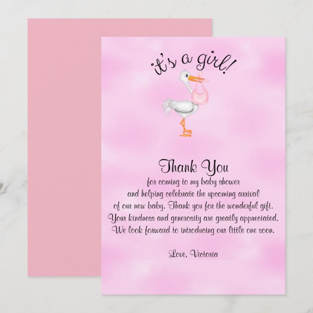 Invitación Baby Shower Gracias, es una Chica chica cigüeña (Anverso / Reverso)