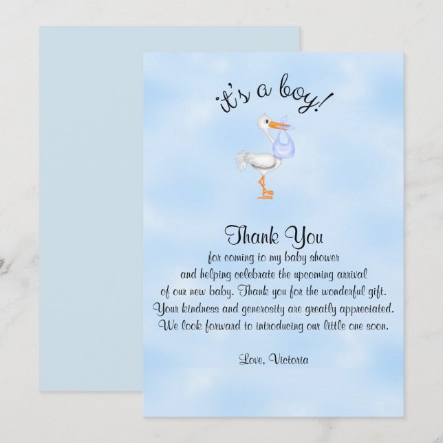 Invitación Baby Shower Gracias es una cigüeña de niño bebé (Anverso / Reverso)