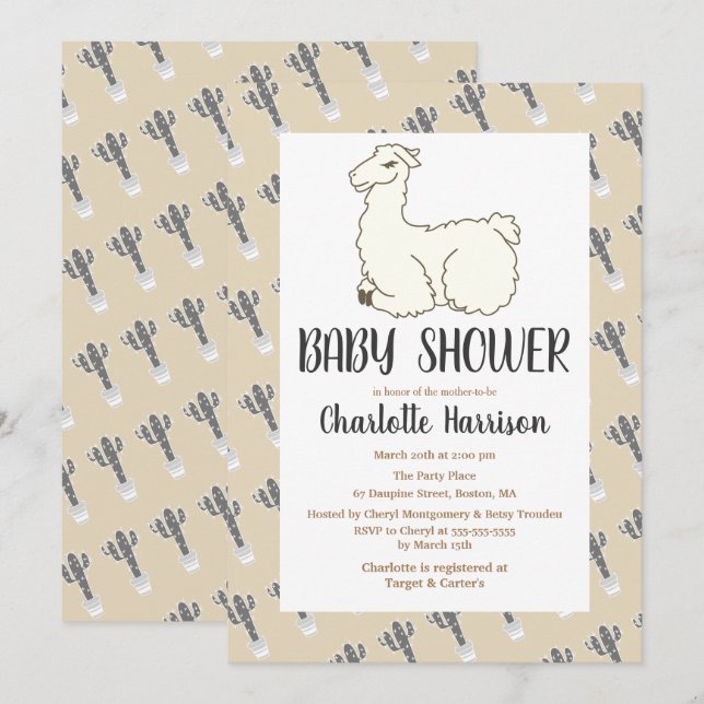 Invitación Baby Shower Gray & Taupe Llama & Cactus (Anverso / Reverso)