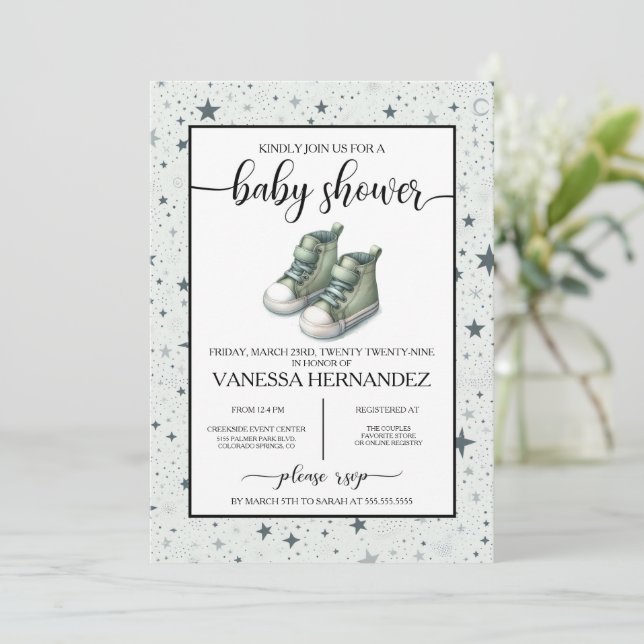 Invitación Baby Shower Green Baby High Tops (Anverso de pie)