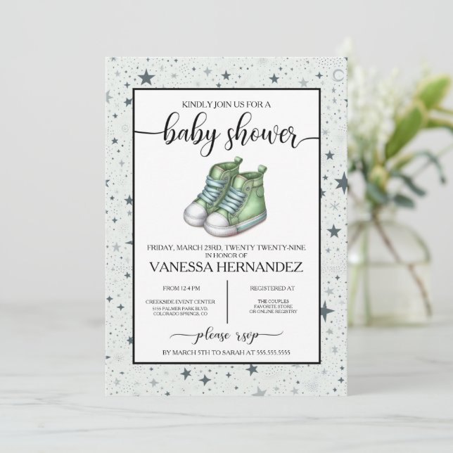 Invitación Baby Shower Green Baby High Tops (Anverso de pie)