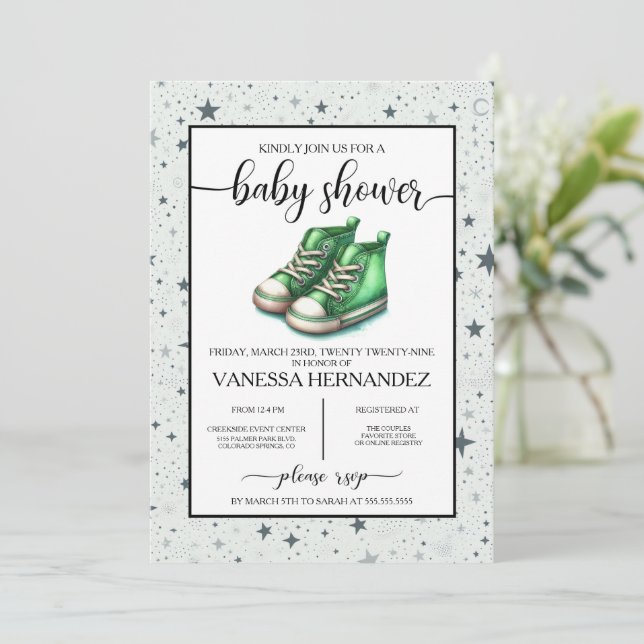 Invitación Baby Shower Green Baby High Tops (Anverso de pie)