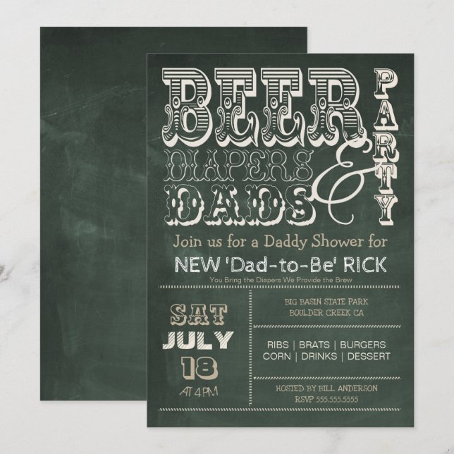 Invitación Baby Shower Green Chalkboard BEER Diapers & DADS (Anverso / Reverso)