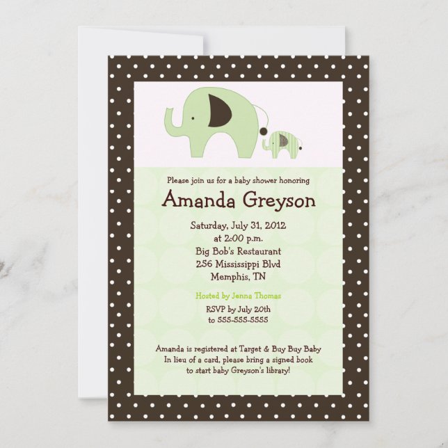 Invitación Baby Shower Green Dottie Elephant 5x7 (Anverso)