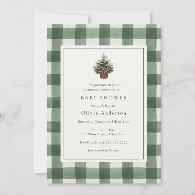 Invitación Baby Shower Green Plaid de Winter Evergreen Tree (Anverso)